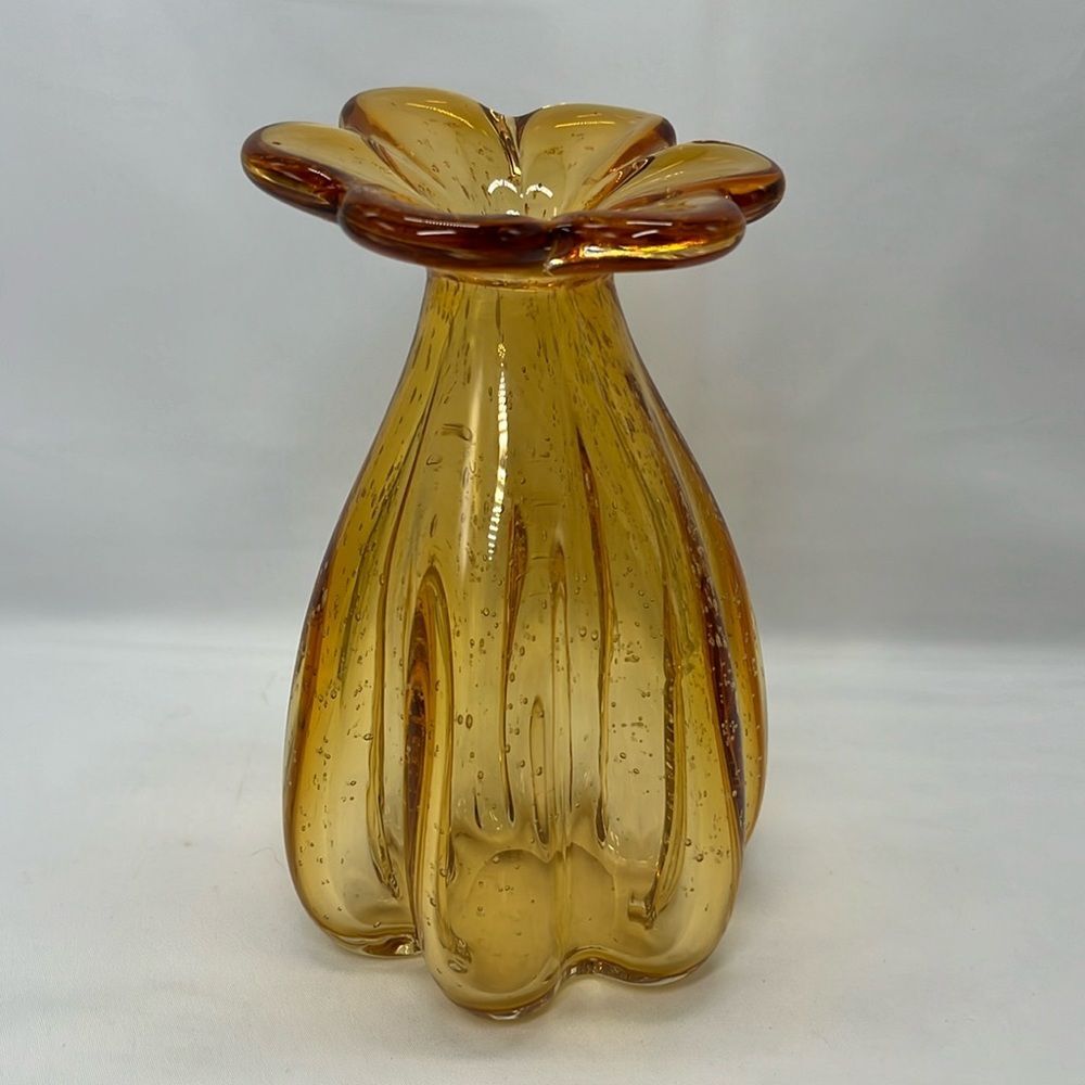 Vintage Handblown Amber Pulegoso Glass Vase with Petal Edges